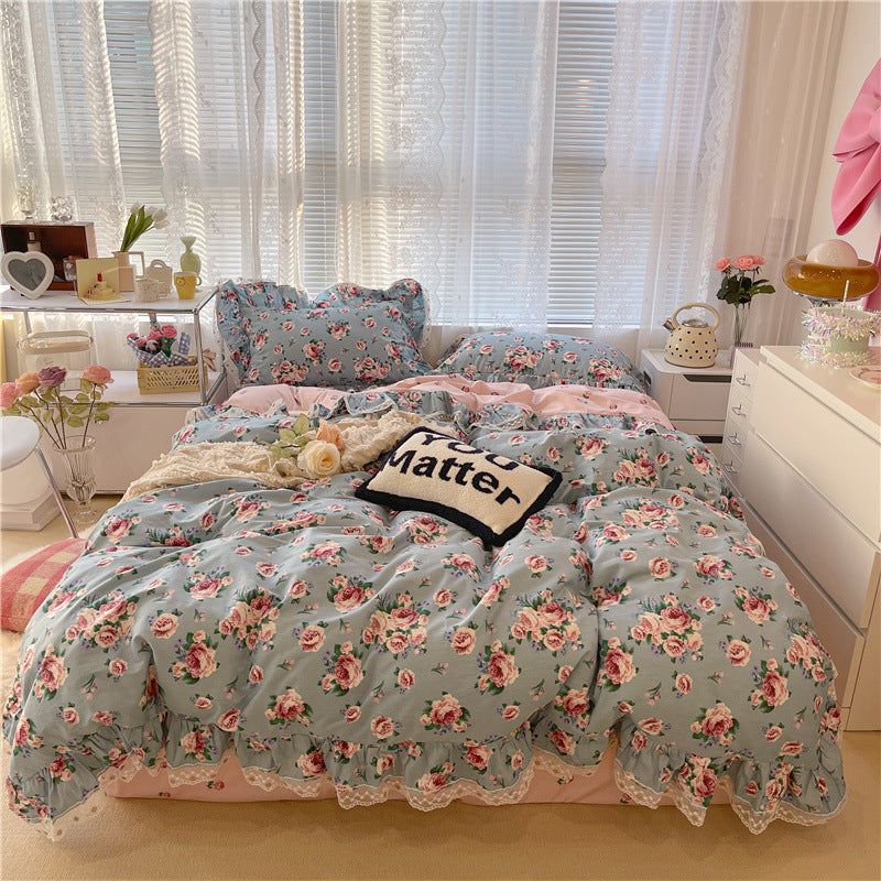 Cotton Lace Three-piece Garden Floral Bed Sheet