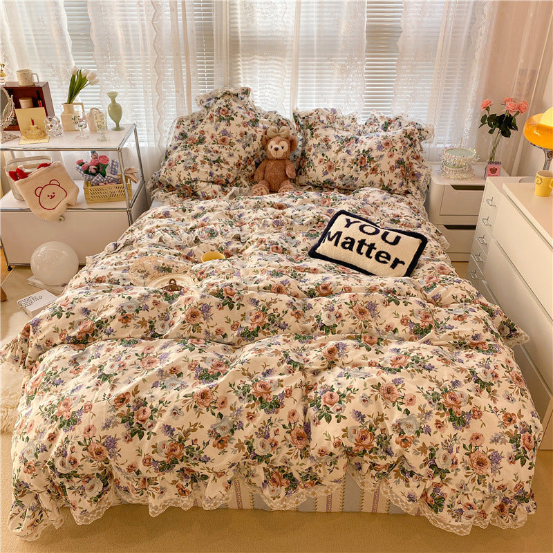 Cotton Lace Three-piece Garden Floral Bed Sheet